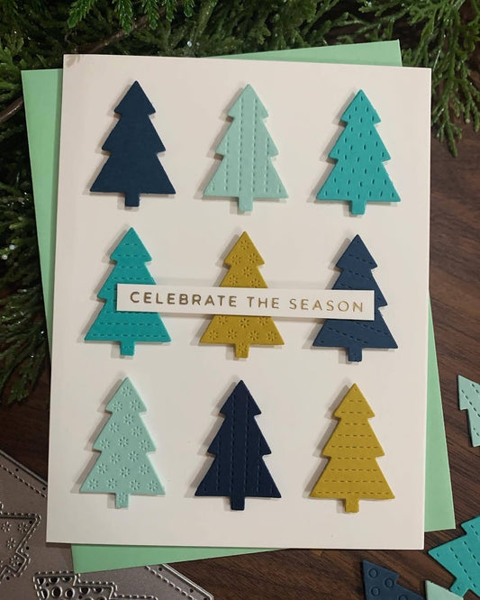 Geometric Modern Christmas Tree Card - Blues and Yellows