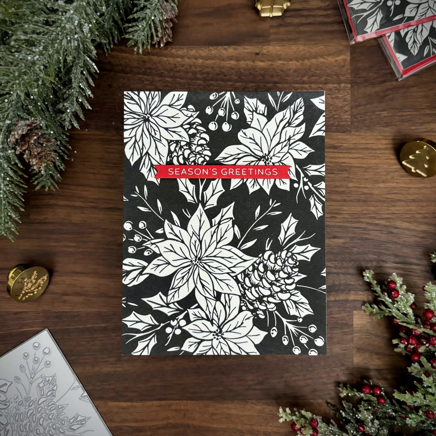 Pressed Poinsettias Christmas Card (Black)