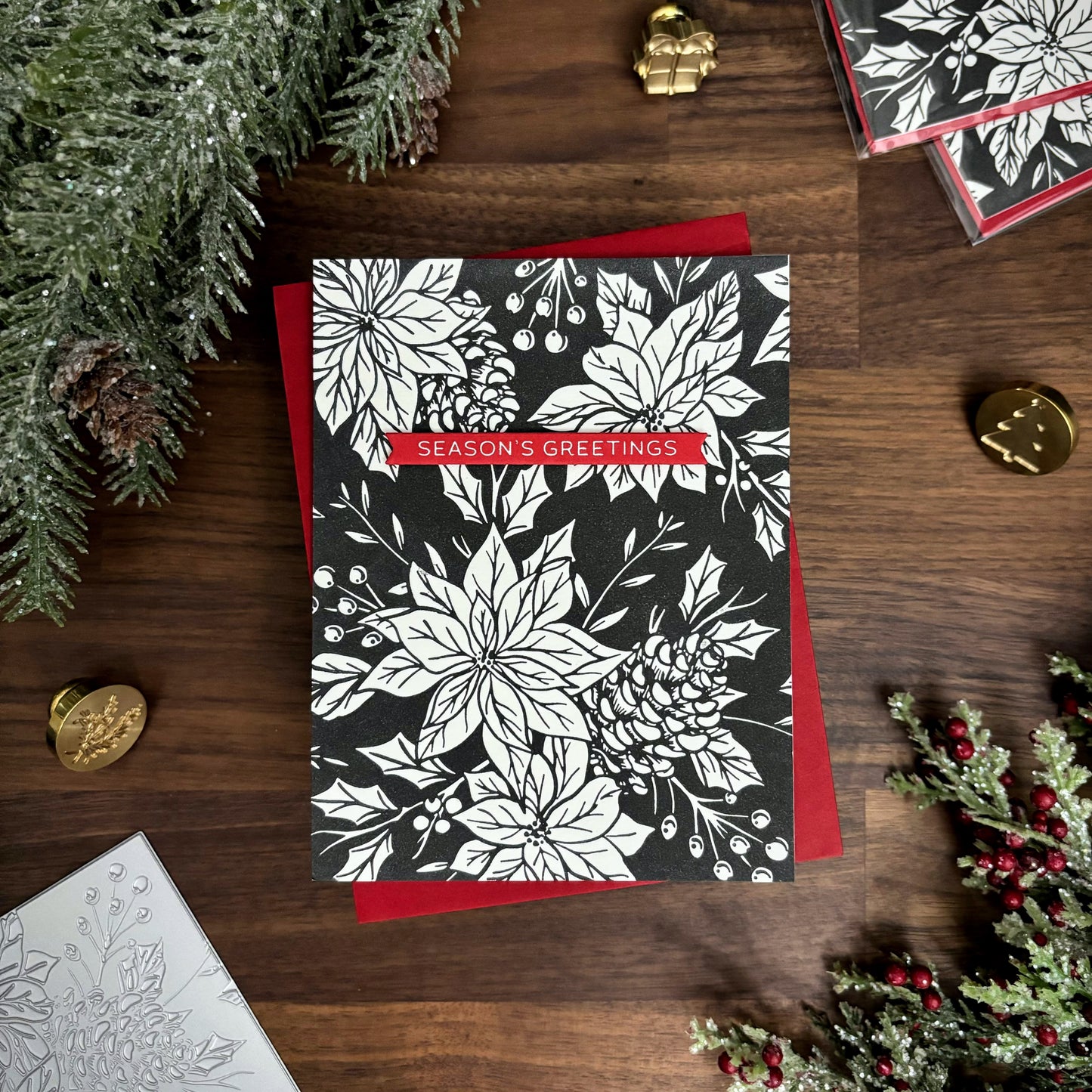 Pressed Poinsettias Christmas Card (Black)