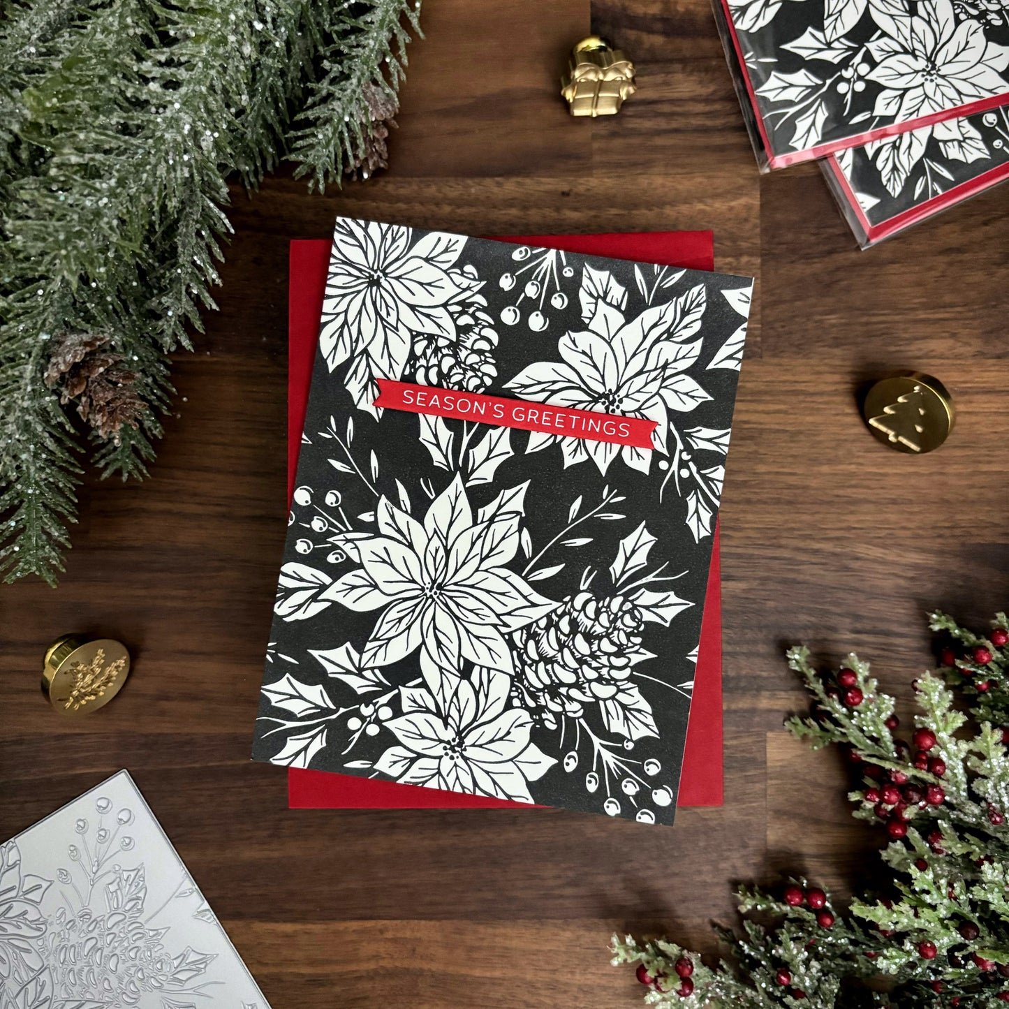 Pressed Poinsettias Christmas Card (Black)