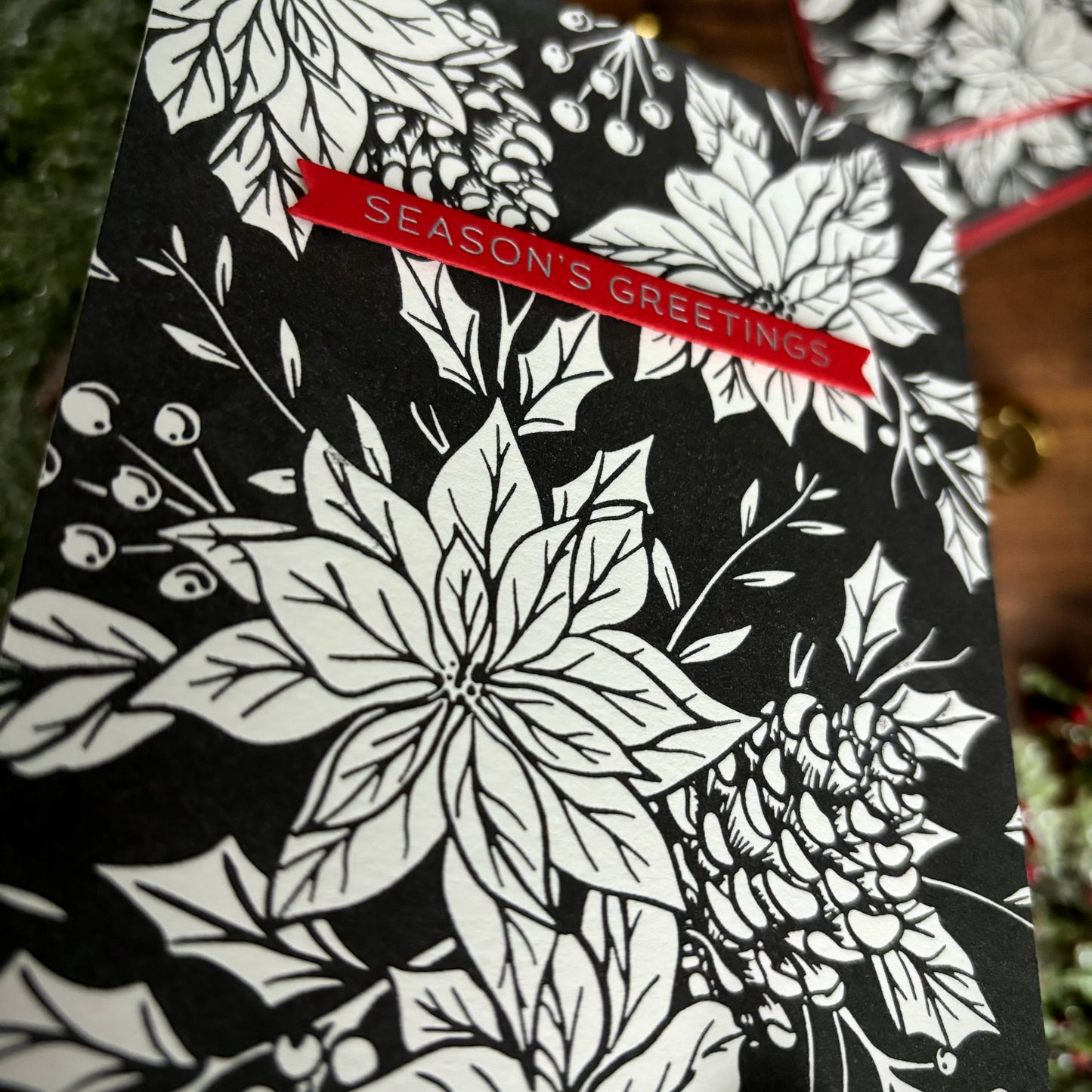 Pressed Poinsettias Christmas Card (Black)