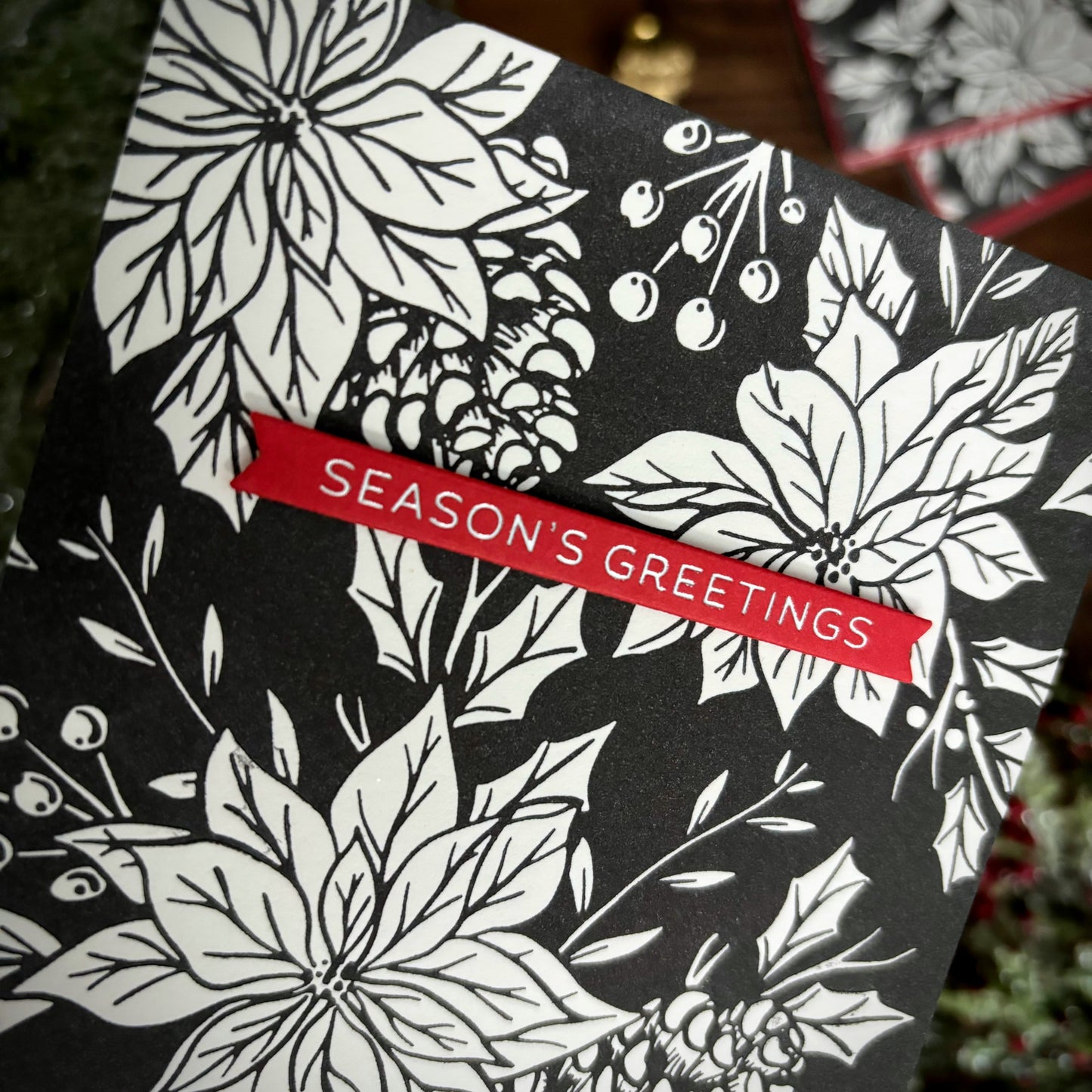 Pressed Poinsettias Christmas Card (Black)