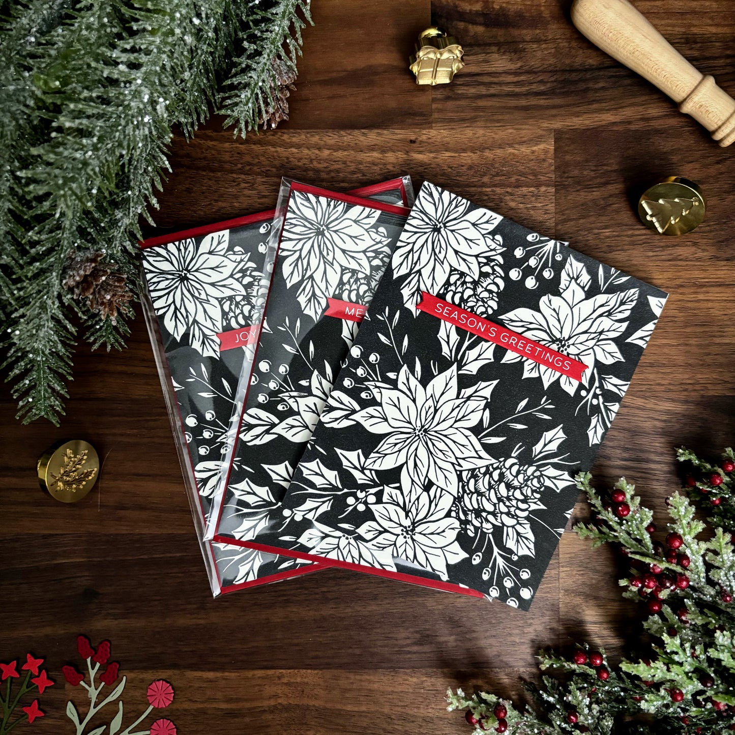 Pressed Poinsettias Christmas Card (Black)